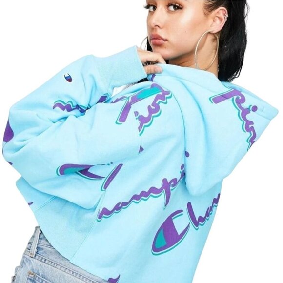 Champion AOP Reverse Weave Turquoise Purple Cropped Fleece Lined Hoodie Size S - Picture 1 of 7